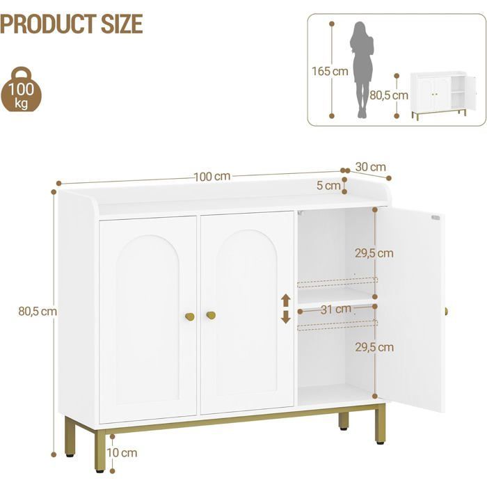 Meuble de Rangement, Meuble de Salle de Bain, Buffet de Salon avec 3 Portes Galbées, Étagères Réglables,30 x 100 x 80,5 cm, Blanc