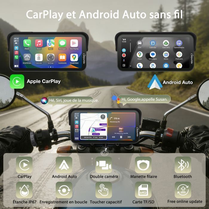 CARPURIDE W603D Radio para motocicleta de 6,3 pulgadas con pantalla CarPlay, cámara dual HD, CarPlay inalámbrico y Android Auto, control por cable.