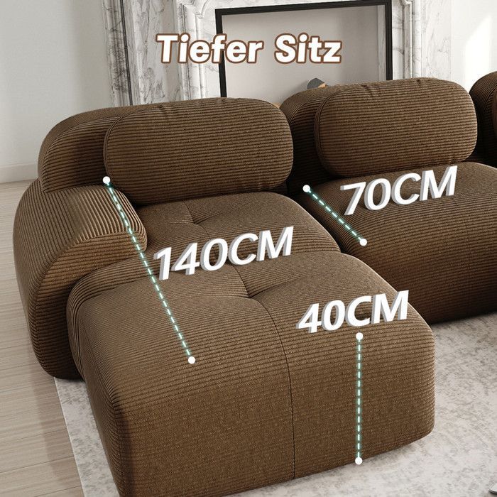 Sofá modular de 3 plazas en pana - 298x103x75 cm - Marrón - No requiere montaje - Reposabrazos ergonómicos
