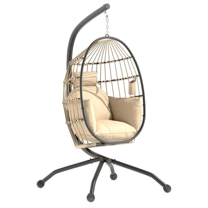Silla colgante tipo huevo - Outsunny - interior y exterior - cesta plegable - cojín acolchado - estructura de acero - beige