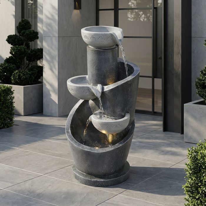 Fontaine de Jardin avec éclairage LED, Pompe à Eau, Revêtement Extérieur en Pierre Artificielle et Bassin Décoratif, Résine, Gris