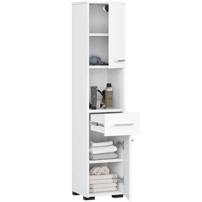 AKORD FIN Witte Badkamerkolom 30 cm 2 Deuren 1 Lade Witte Front 5 Planken 30x30x140 cm