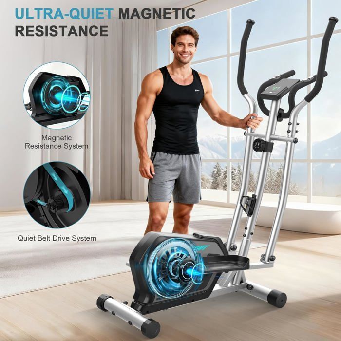 Elíptica silenciosa 3 en 1, 16 niveles de resistencia, peso máximo 130 kg, pantalla LCD, aplicación, ideal para entrenamiento cardiovascular en casa, color azul plateado.