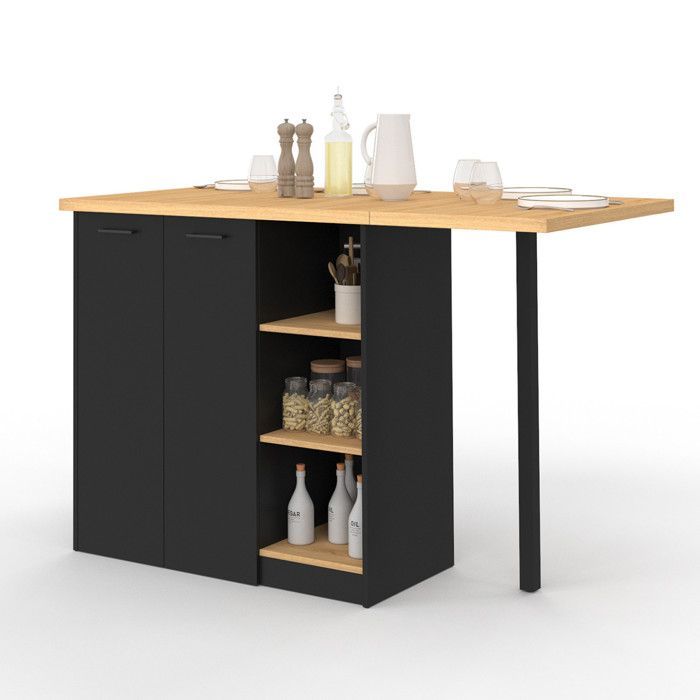 IDMARKET Ilot central CESAR 140 cm 5 personnes bois noir avec plan de travail façon hêtre