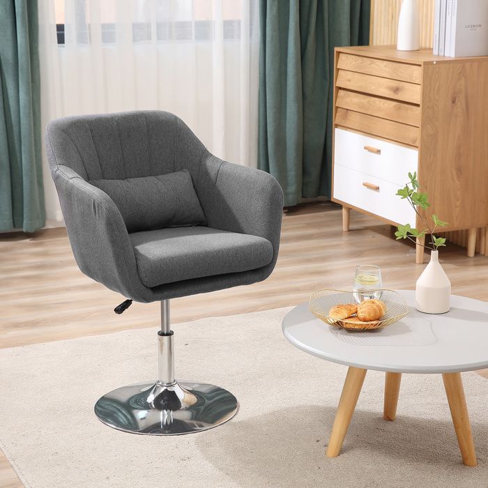 Fauteuil de salon HOMCOM Design Grand Confort Coussins lombaires Hauteur réglable pivotant 360° piètement métal chromé Lin Gris