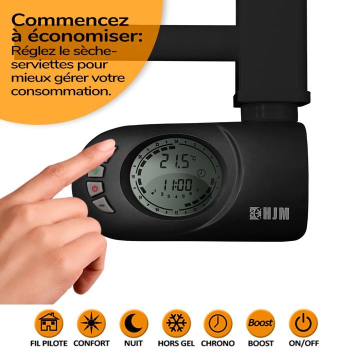 Sèche-serviettes électrique à inertie sèche HJM, 500 W, Square, Noir