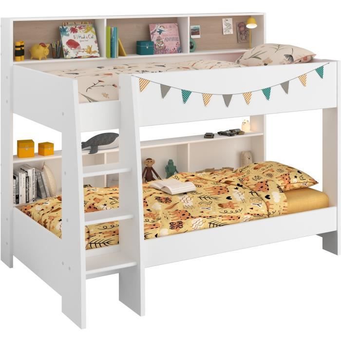 PARISOT Letti a castello per bambini 2 x 90x200 cm - Finitura rovere e bianco ombra - Reti a doghe incluse - JIM