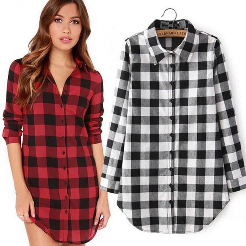 Chemise à carreaux femme tendance 2020, chemisier long chic à revers, manches longues, imprimé décontracté, hauts amples en coton, blousons