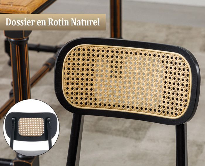 Wahson Chaise de Salle à Manger Lot de 2 Chaise Salle à Manger Bois Rétro et Rotin, Chaise de Cuisine pour Salon, Cuir PU, Noir
