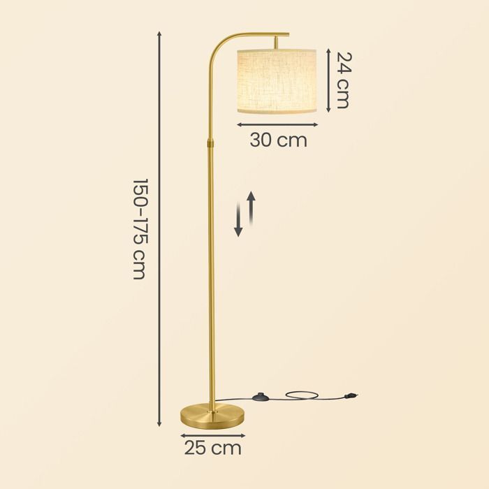 Lampadaire Arc Réglable en Hauteur, 150–175 cm, avec Interrupteur au Pied, Douille E27, Doré