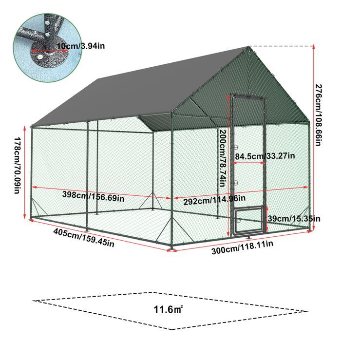 Enclos Poulailler Chenil Extérieur 12 m2 Parc à Poules Grande Taille Cadre en Fer 4x3 M