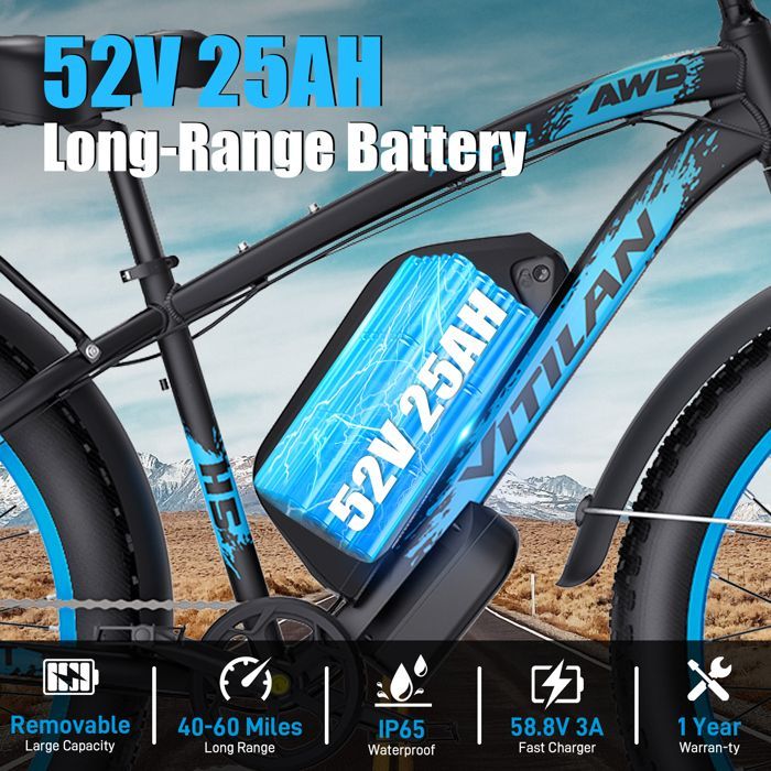Vélo Electrique Double Moteur 3000W - Vitilan H5, Gros Pneus, Batterie 52Ah, Freins Hydrauliques, 7 Vitesses, Autonomie 105km, Noir