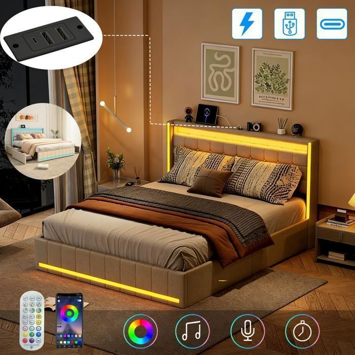 Lit double capitonné 160x200 cm avec 4 tiroirs, Lit adulte avec LED et chargement USB, Sommier à lattes, Tissu en lin, Beige