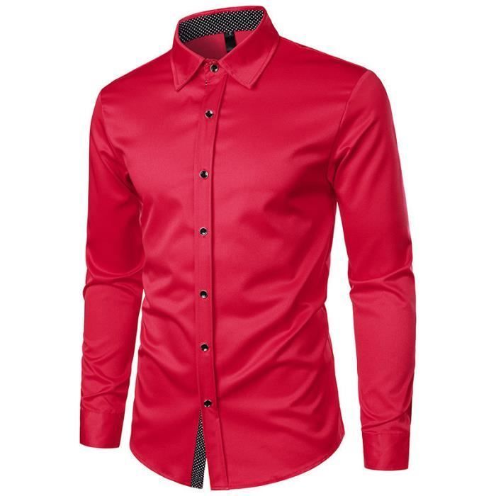 Camicia elegante da uomo, maniche lunghe, vestibilità slim, colletto quadrato a pois a contrasto, comoda - Taglia UE - Rossa