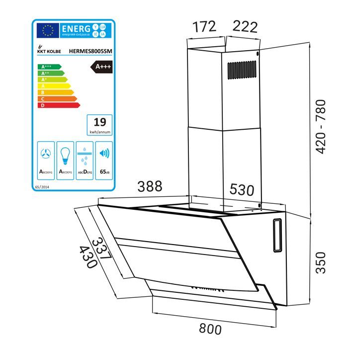 KKT KOLBE | 80 cm afzuigkap | Schuine wandmontage | Roestvrij staal & zwart glas | WiFi | RGB LED | Touchbediening | HERMES8005SM