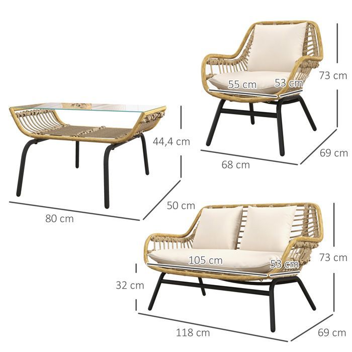 Outsunny - Conjunto de muebles de jardín - Resina tejida - 118x69x73cm - Beige