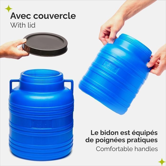 Garronda, bidón de plástico HDPE azul de 30 litros apto para uso alimentario con sistema de recogida de agua de lluvia para jardín GD-0078