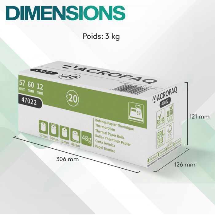 ACROPAQ 20 Rouleaux de Caisse 57x60x12mm- Thermique 49,9 m-Terminaux de paiement- 20 Bobines TPE- Sans BPA- Dimension Universelle