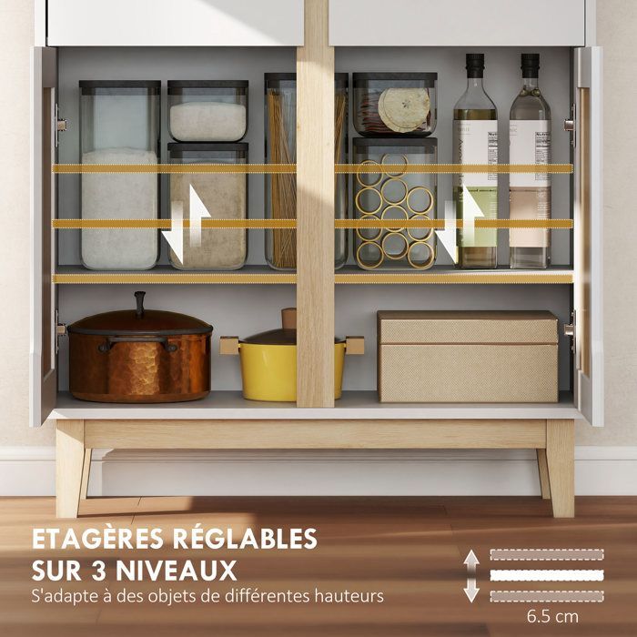 Aparador alto de cocina - HOMCOM - 4 puertas, 2 cajones, estantes ajustables - MDF y aglomerado - 80x35x170cm - blanco y roble