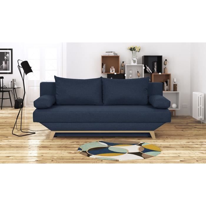 Sofá conversível TEIJO de 3 lugares com compartimento de arrumação - Tecido azul - L187 x P91 x A82 cm