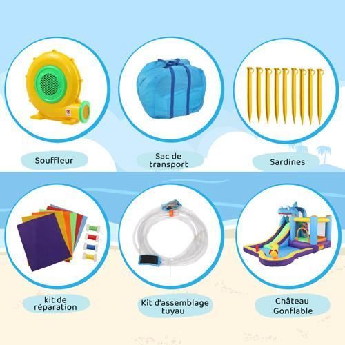 XXL opblaaskasteel met haaienthema voor kinderen, multifunctioneel, 550W blower, glijbaan, springgedeelte, klimwand + Oxford-stof