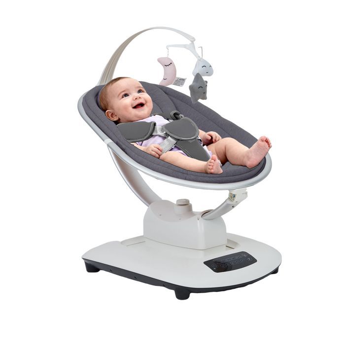 Mecedora eléctrica para bebé con 5 movimientos, velocidad regulable, mando a distancia, reclinable, arnés de 5 puntos y nanas - gris oscuro