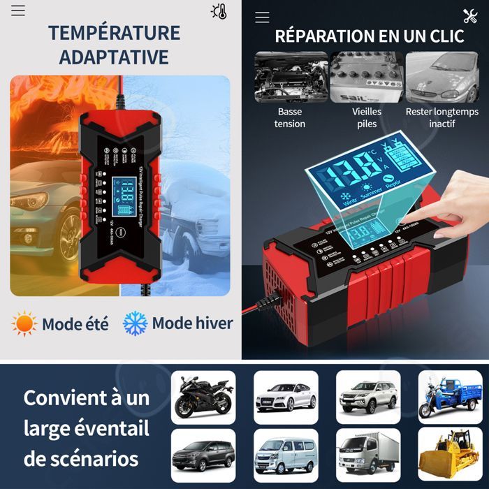 Caricabatterie intelligente da 12V 6A, caricabatterie per auto con schermo tattile LCD, protezione multipla per auto e moto.