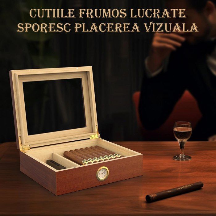 Humidor per sigari in legno di cedro con umidificatore, igrometro e coperchio in vetro per 20-25 sigari, colore marrone.