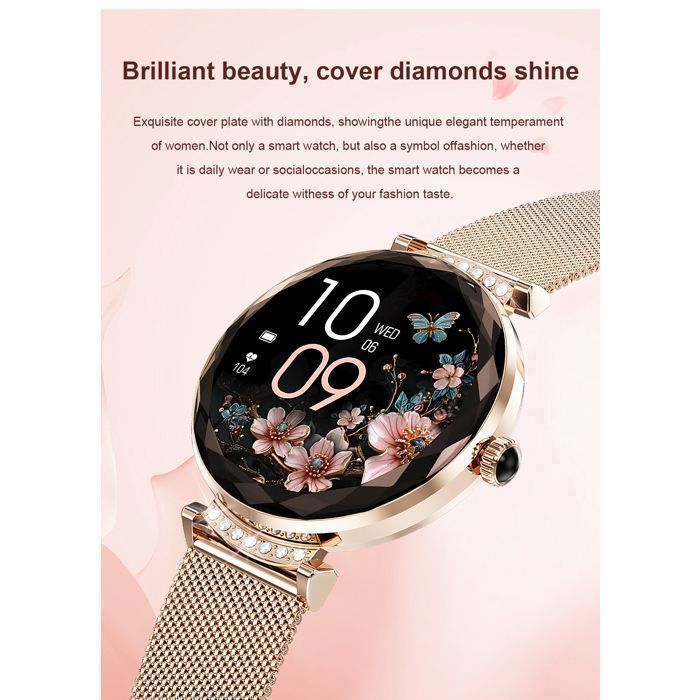 Goldene Damen-Smartwatch – 1,43-Zoll-AMOLED-Display mit diamantgeschliffenem Glas – Bluetooth-Anrufe – IP68 wasserdicht – Gesundheits- und Fitnessfunktionen – iOS/Android