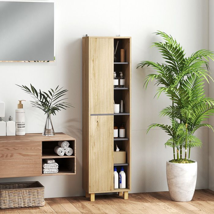 Mueble columna para baño - HOMCOM - 6 compartimentos abiertos y 2 armarios - dimensiones 40 cm de ancho x 24 cm de profundidad x 148 cm de alto - madera natural