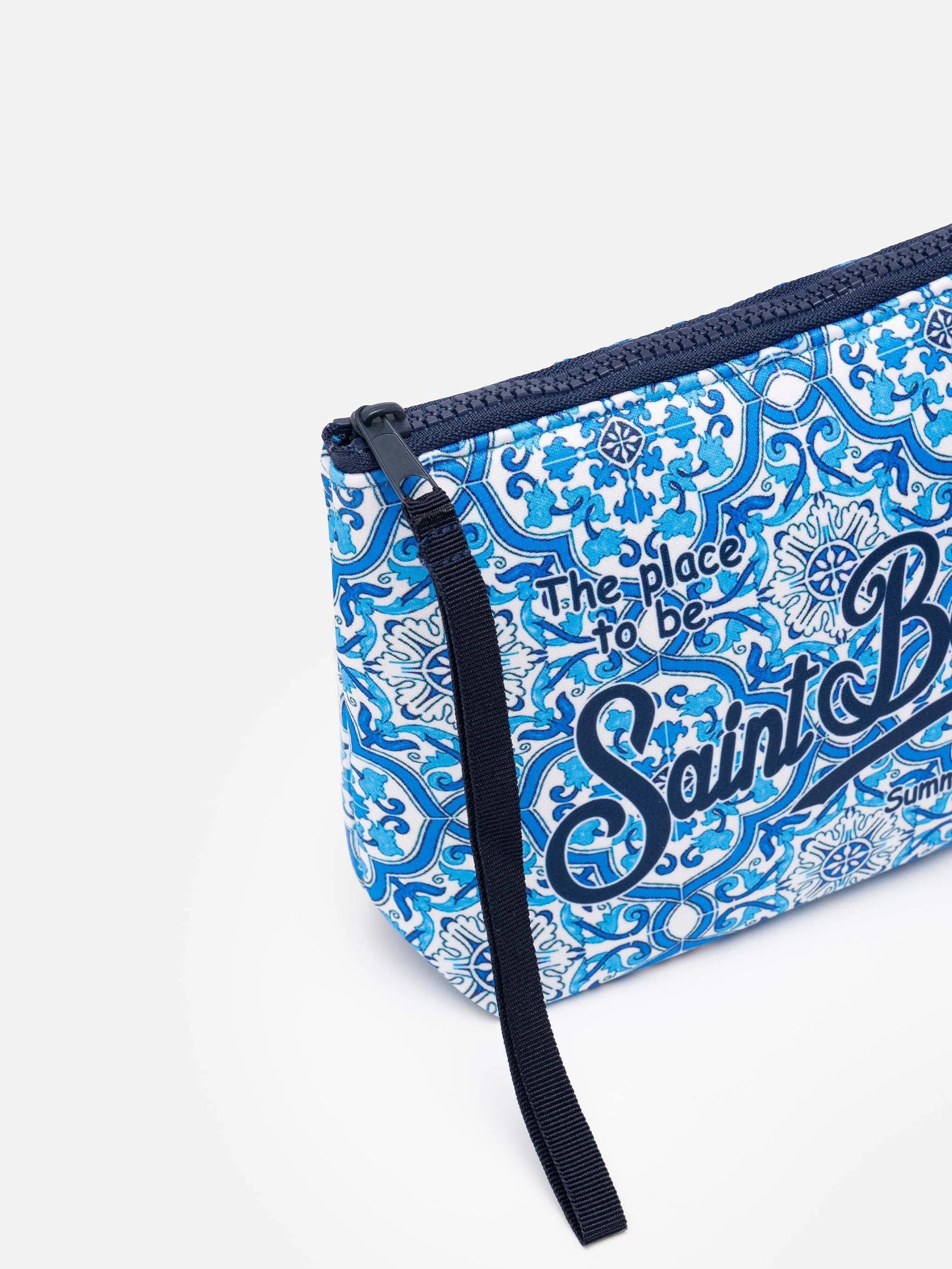 Aline clutch tas van scuba-stof met majolica-print