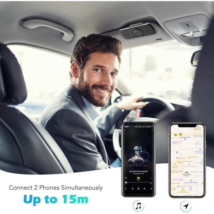 Kit vivavoce Bluetooth 5.0 per auto con altoparlante e microfono integrati, supporto a clip per GPS, iOS, Siri e Google Assistant.