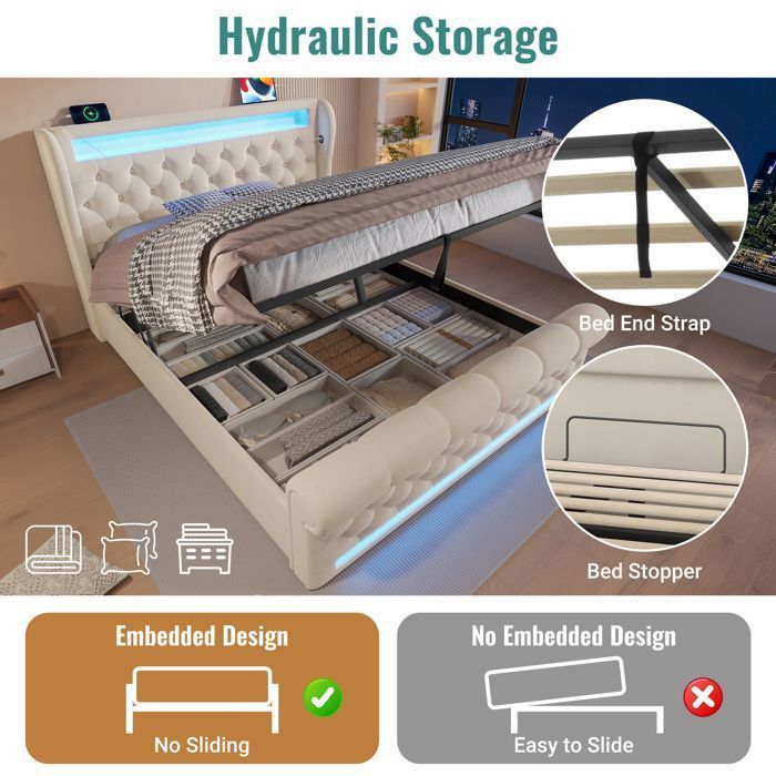 Lit coffre - Becag - Lit double 140x200cm avec LED et USB Type-C, Lit adulte rembourré avec rangement hydraulique, Velours Beige
