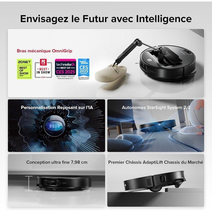 Roborock Saros Z70 Aspirateur Robot 22 000Pa, Bras Mécanique OmniGrip, Châssis AdaptiLift, 7,98cm Ultra-mince Noir