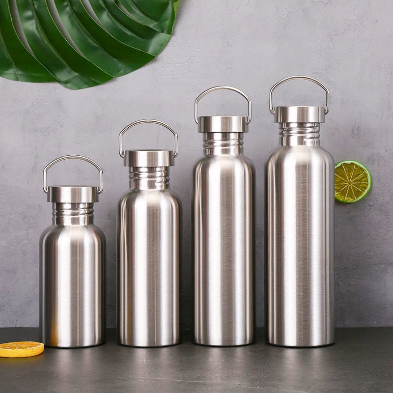 Auslaufsichere Edelstahl-Trinkflasche, einwandig, großes Fassungsvermögen, Weithals-Sportflasche für Radfahren und Wandern