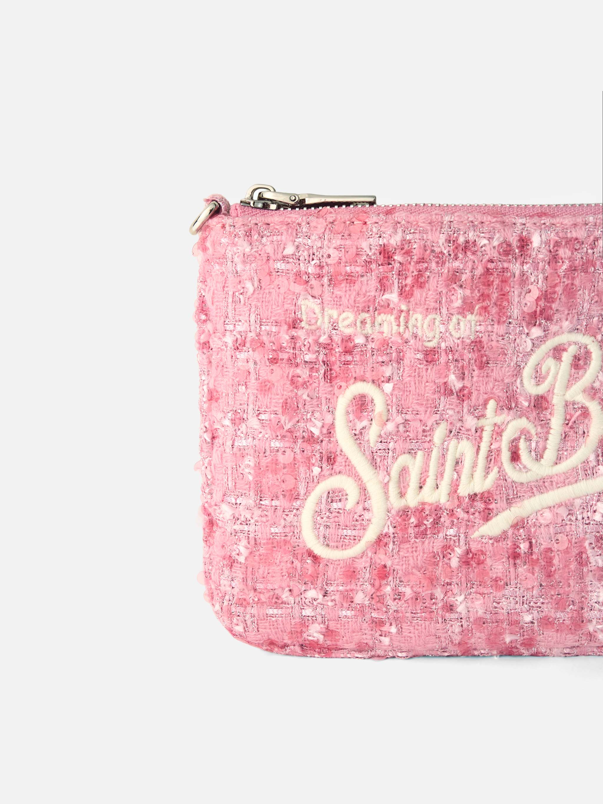 Mini-Pariser-Pouch | Rosa Tweedstoff | Abnehmbare, braune, lederähnliche Handgelenk- und Schulterriemen | Saint Barth Logo-Stickerei | MC2 Saint Barth