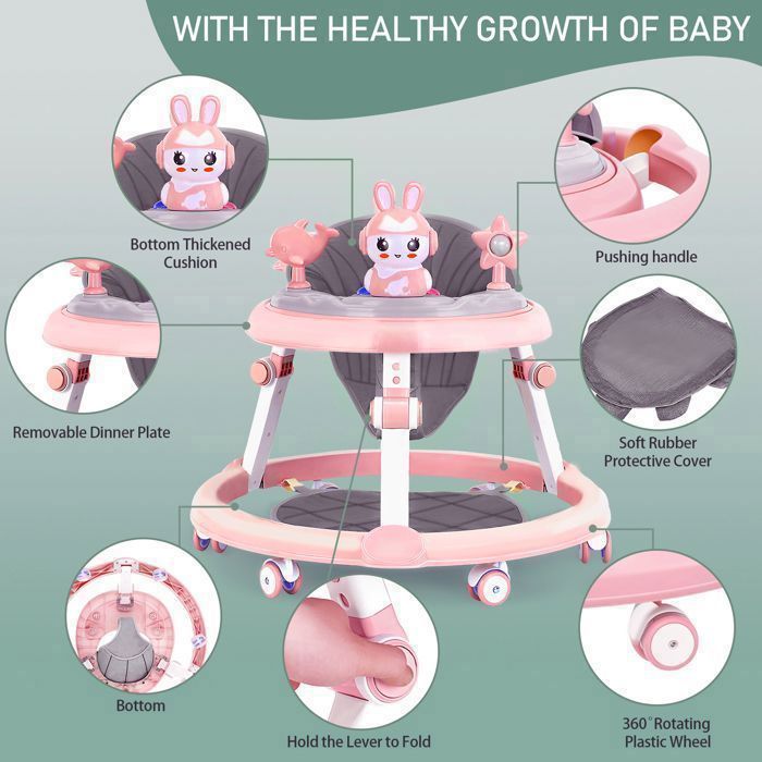 Multifunctionele loopstoel voor baby's - Met muziekdisc - 6-18 maanden - 7 verstelbare hoogtes - Roze - Totale hoogte 52 cm