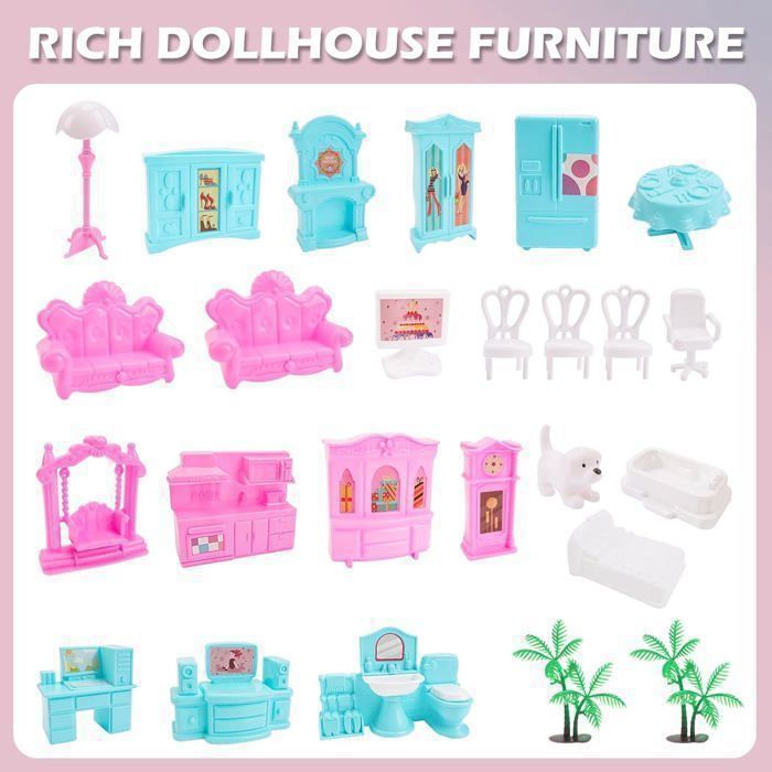 Maison de poupée, 3 étages, 9 pièces, Une maison de poupée de rêve pour fille avec accessoires, à partir de 6 ans-3Pcs