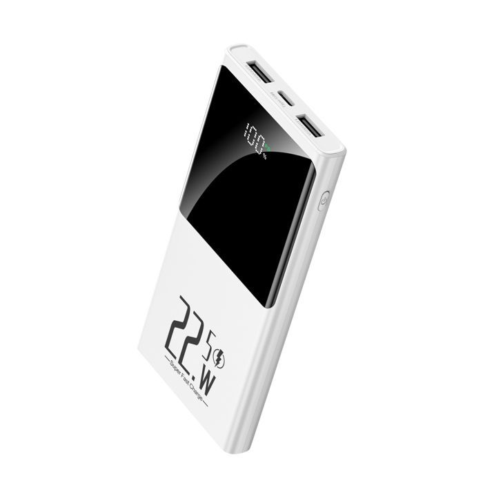 Batería externa blanca de 10000 mAh, power bank de 22,5 W con 3 salidas, batería portátil ultradelgada, cargador rápido, con pantalla LED.