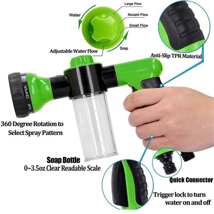 Pistola per irrigazione verde a 8 modalità - doccia da giardino con dispenser di sapone, 3 livelli di schiuma, attacco da 12 mm