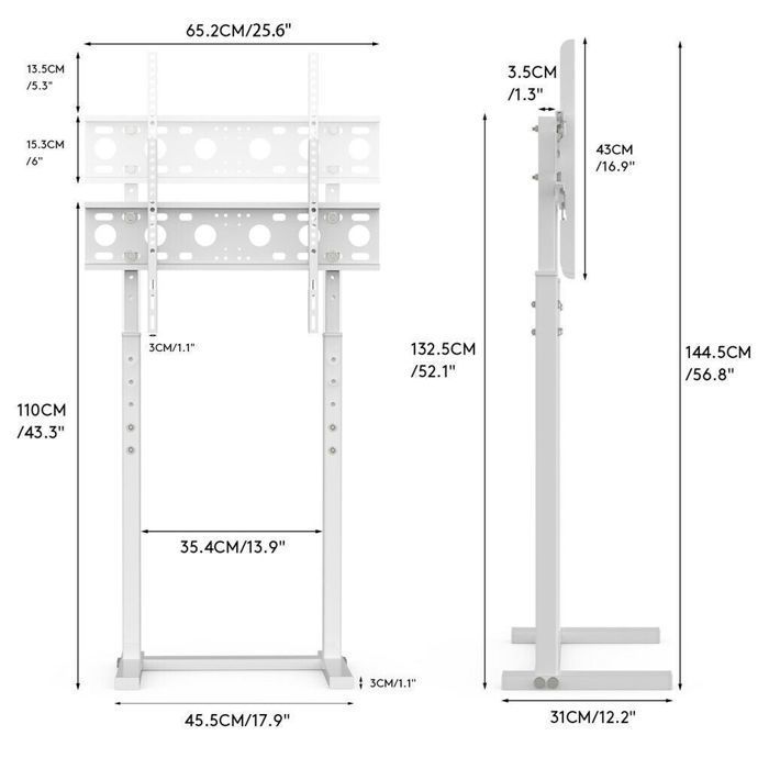 UNHO Support TV sur Pied Blanc Pied TV Universel 32-65 Pouces Meuble Télé Pour LCD LED Plasma Hauteur Réglable VESA 600x400mm