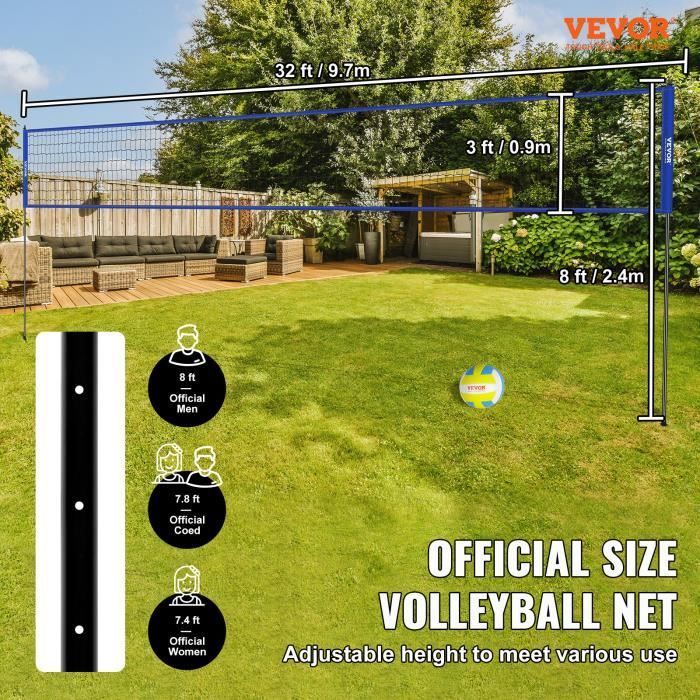 Red de voleibol - VEVOR - Red de voleibol portátil para exteriores con poste de altura ajustable y bolsa, para jardín, playa y césped.
