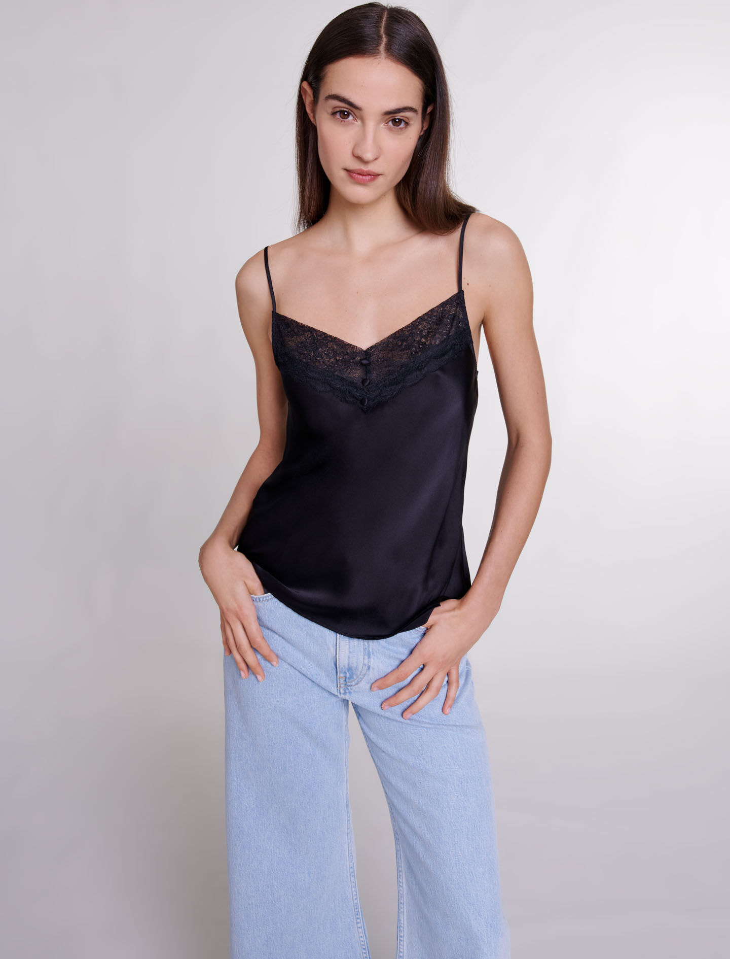 Bluză din satin de mătase și dantelă - Negru