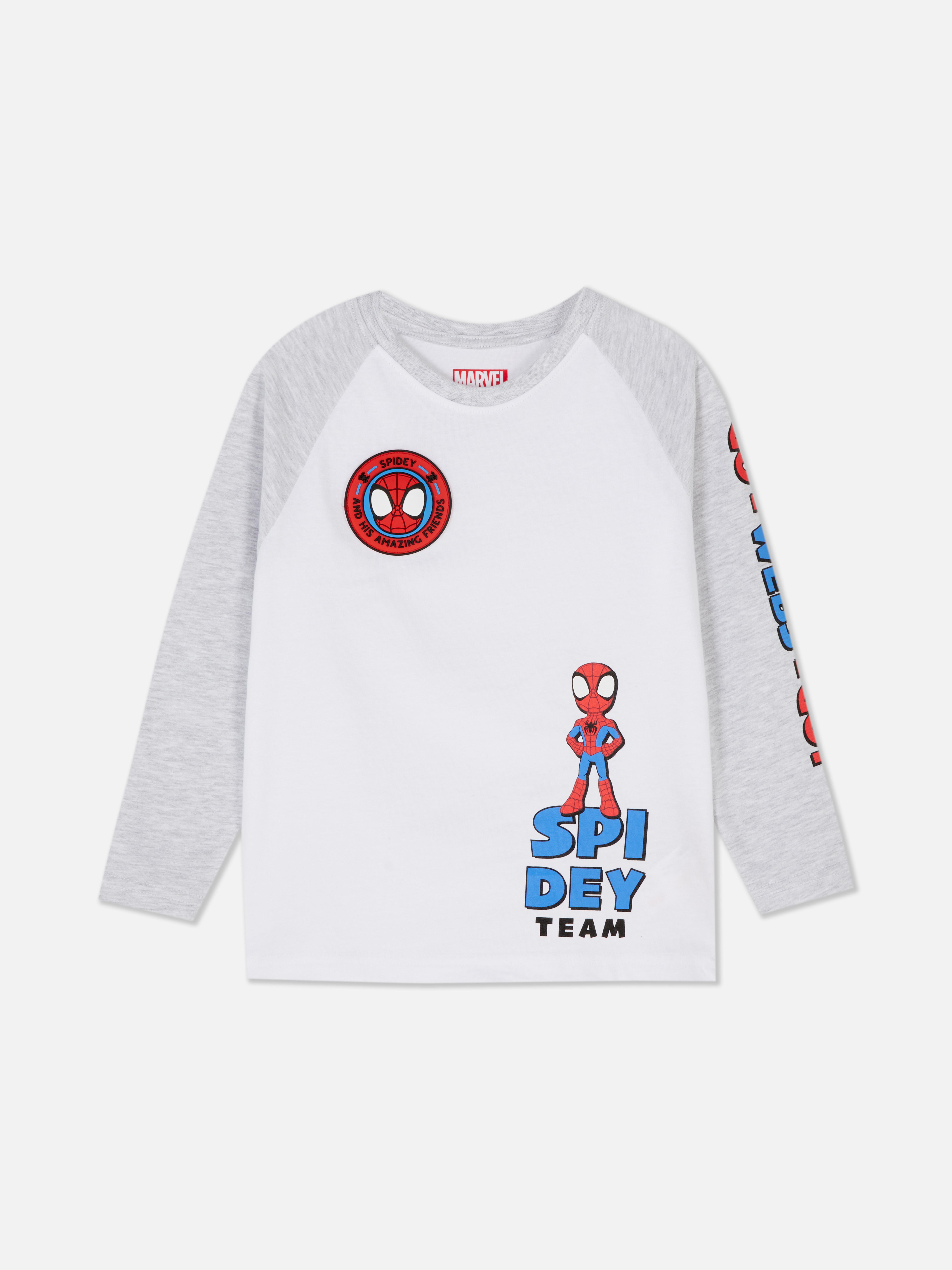MARVEL Spider-Man und Freunde Langarm-T-Shirt Ein T-Shirt mit langen Raglanärmeln und Spider-Man-Charakteremblemen