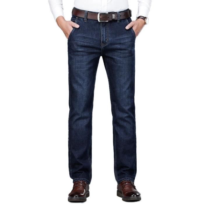 Pantalones vaqueros rectos elásticos para hombre - INSFITY - Cintura alta - Efecto desgastado - Azul oscuro