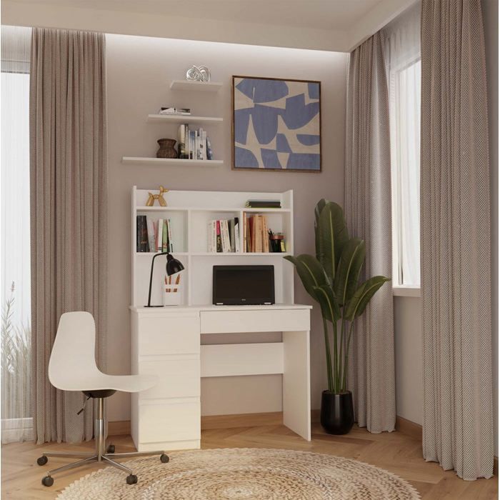 Bureau 4 tiroirs avec surélévation 4 étagères blanc 146x51x98 cm