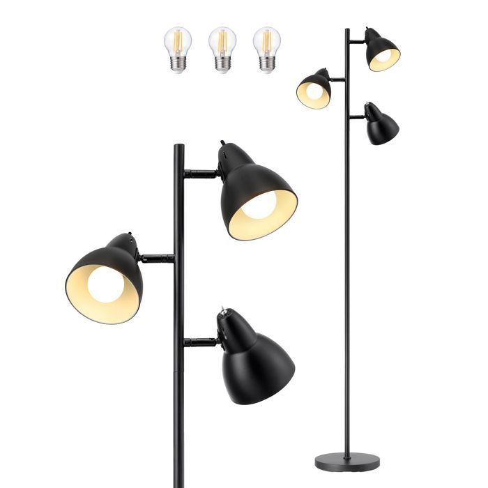 EDISHINE Floor Lamp for Living Room, 3 Adjustable Lights with Individual Switches, 3 E27 Bulbs Included, 163 cm, Black, Metal