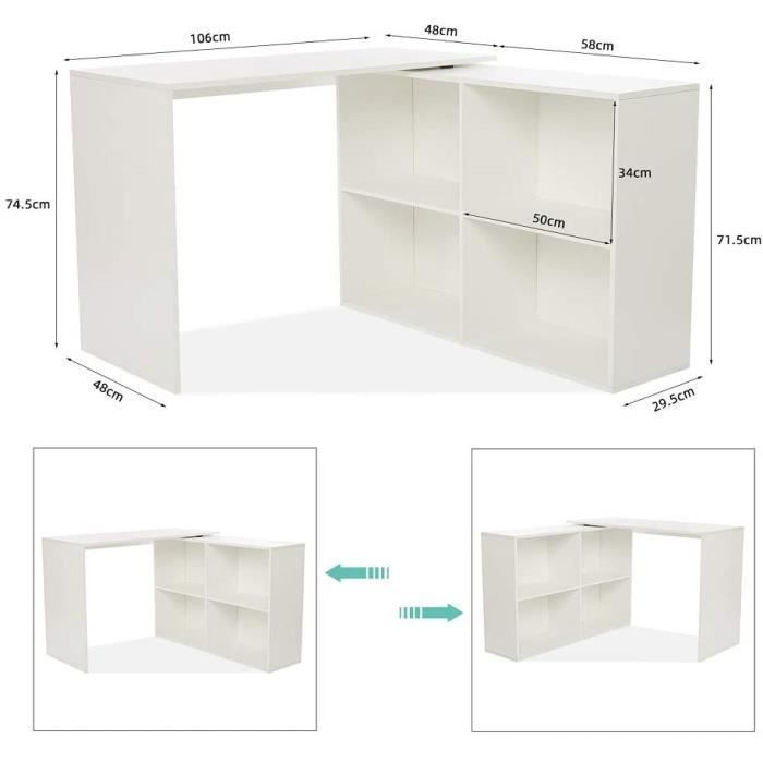 Bureau d'angle avec Rangement, 4 Étagères, Angulaire Réversible, bureau informatique, Bois, Blanc-Mondeer