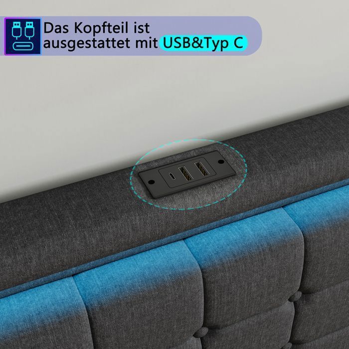 Cama doble de 180 x 200 cm, cama individual de 180 x 200 cm con 4 cajones, puerto USB e iluminación LED, estructura de cama con cabecero, ropa de cama, gris oscuro.