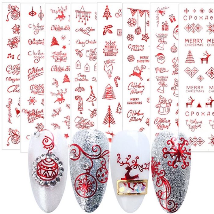 Stickers pour ongles de Noël Joyeux Noël Collection Père Noël Décor Ballon de neige rouge naklejki na paznokcie nail decals